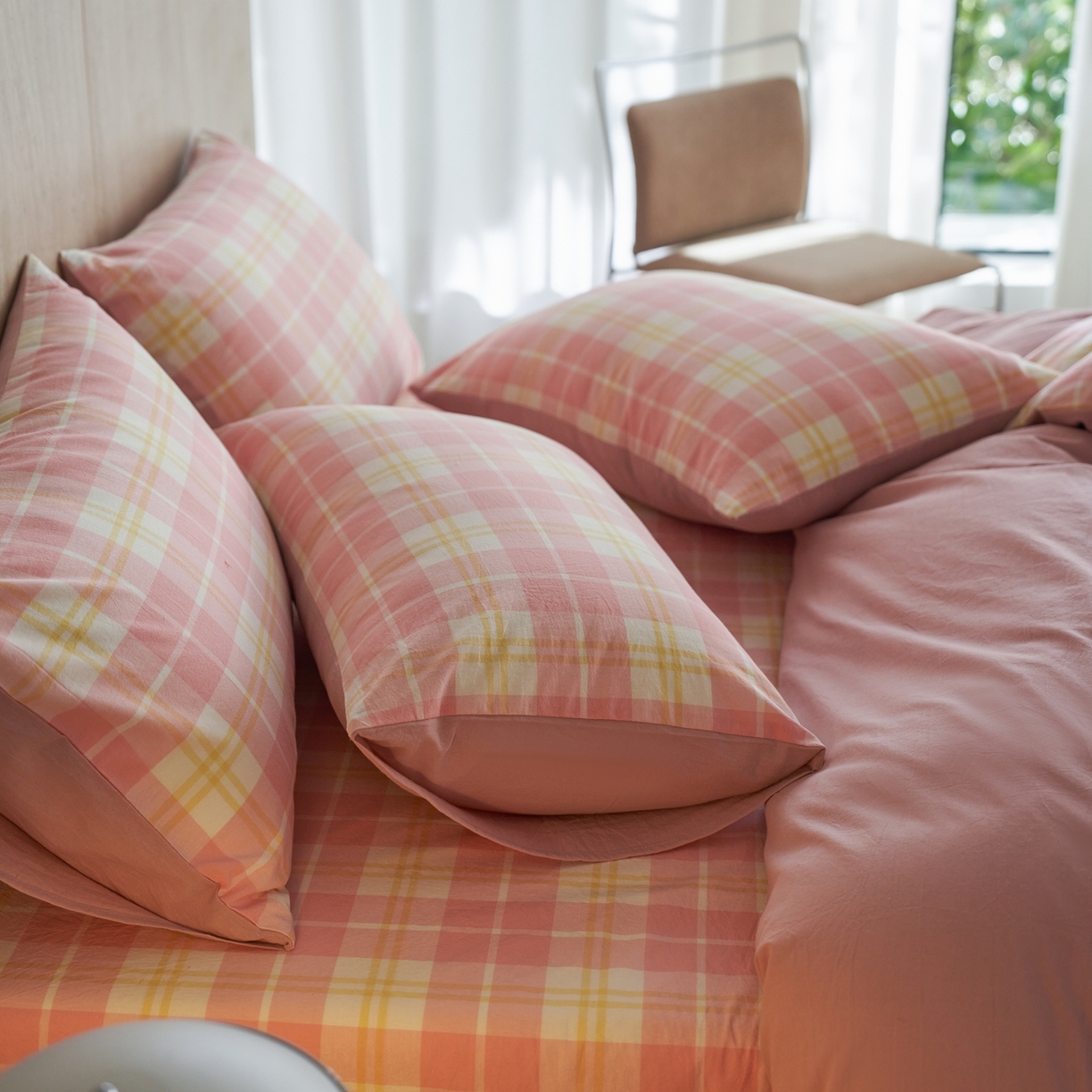 91家纺网 家纺一手货源 找家纺 启程家纺 2026春夏新款全棉纯棉色织水洗棉四件套 爱格-粉