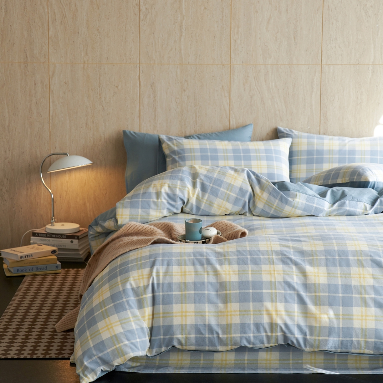 启程家纺 2026春夏新款全棉纯棉色织水洗棉四件套 爱格-蓝