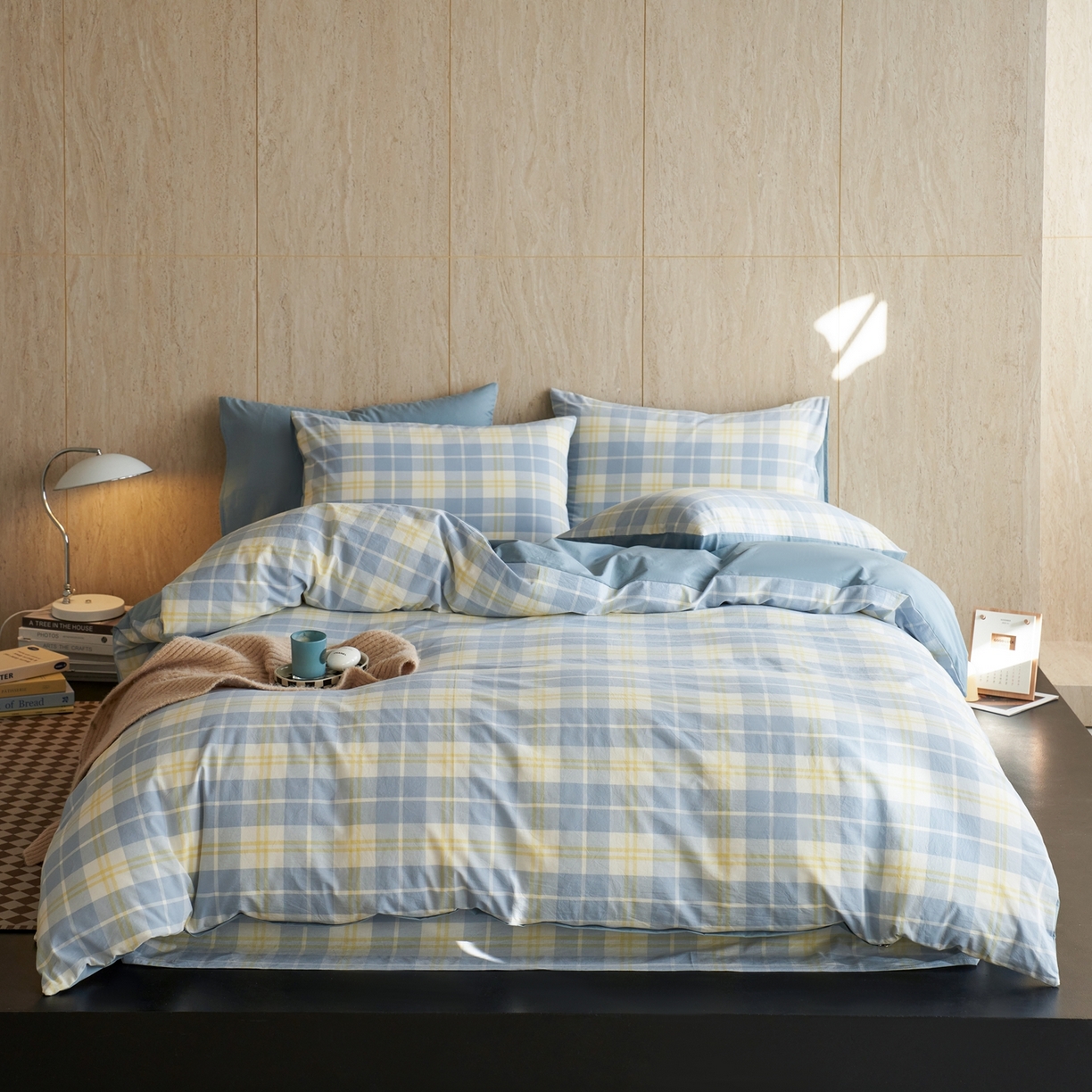 91家纺网 家纺一手货源 找家纺 启程家纺 2026春夏新款全棉纯棉色织水洗棉四件套 爱格-蓝