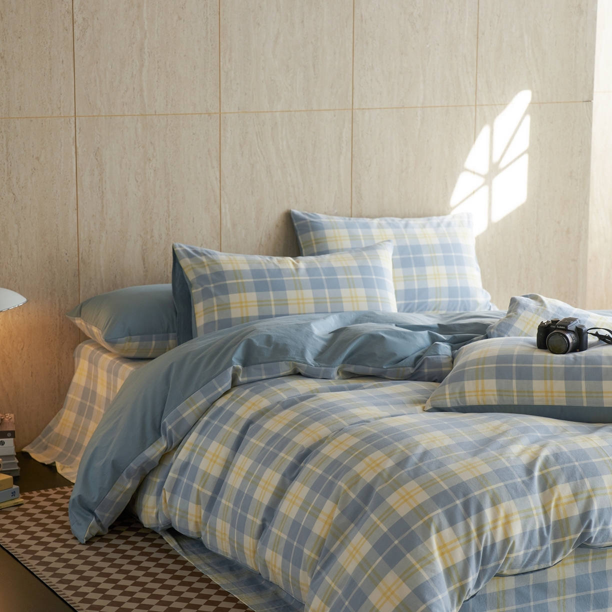 91家纺网 家纺一手货源 找家纺 启程家纺 2026春夏新款全棉纯棉色织水洗棉四件套 爱格-蓝