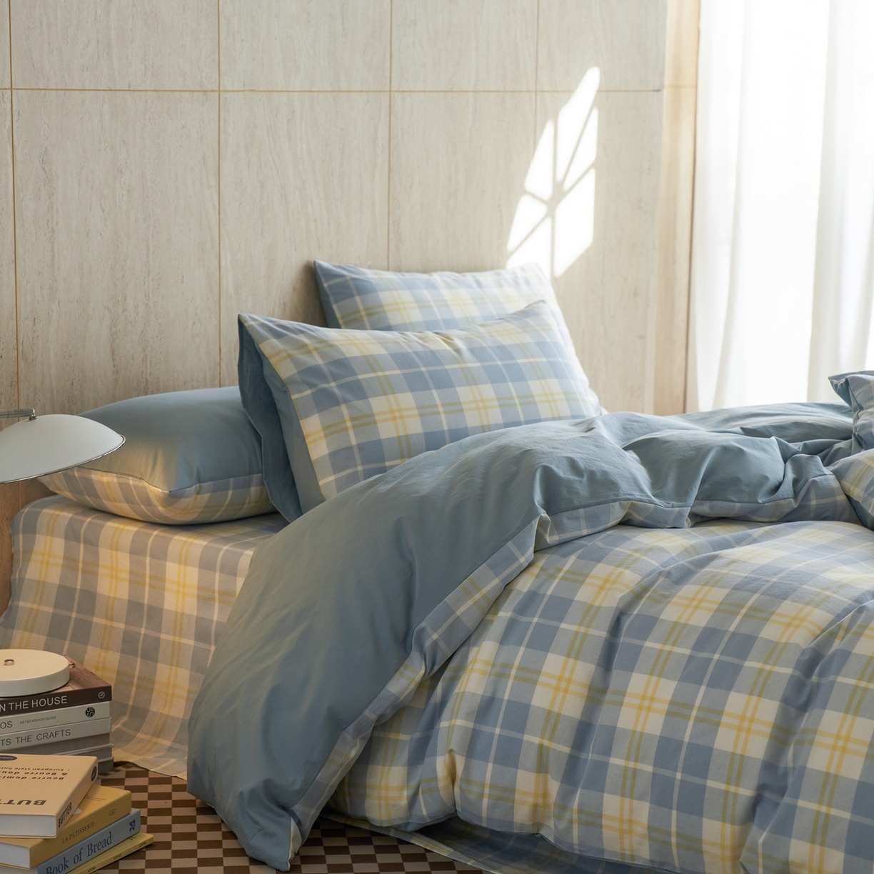 91家纺网 家纺一手货源 找家纺 启程家纺 2026春夏新款全棉纯棉色织水洗棉四件套 爱格-蓝