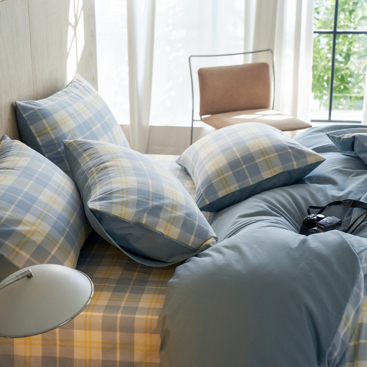 91家纺网 家纺一手货源 找家纺 启程家纺 2026春夏新款全棉纯棉色织水洗棉四件套 爱格-蓝