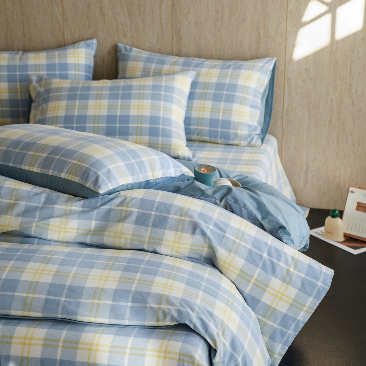 91家纺网 家纺一手货源 找家纺 启程家纺 2026春夏新款全棉纯棉色织水洗棉四件套 爱格-蓝