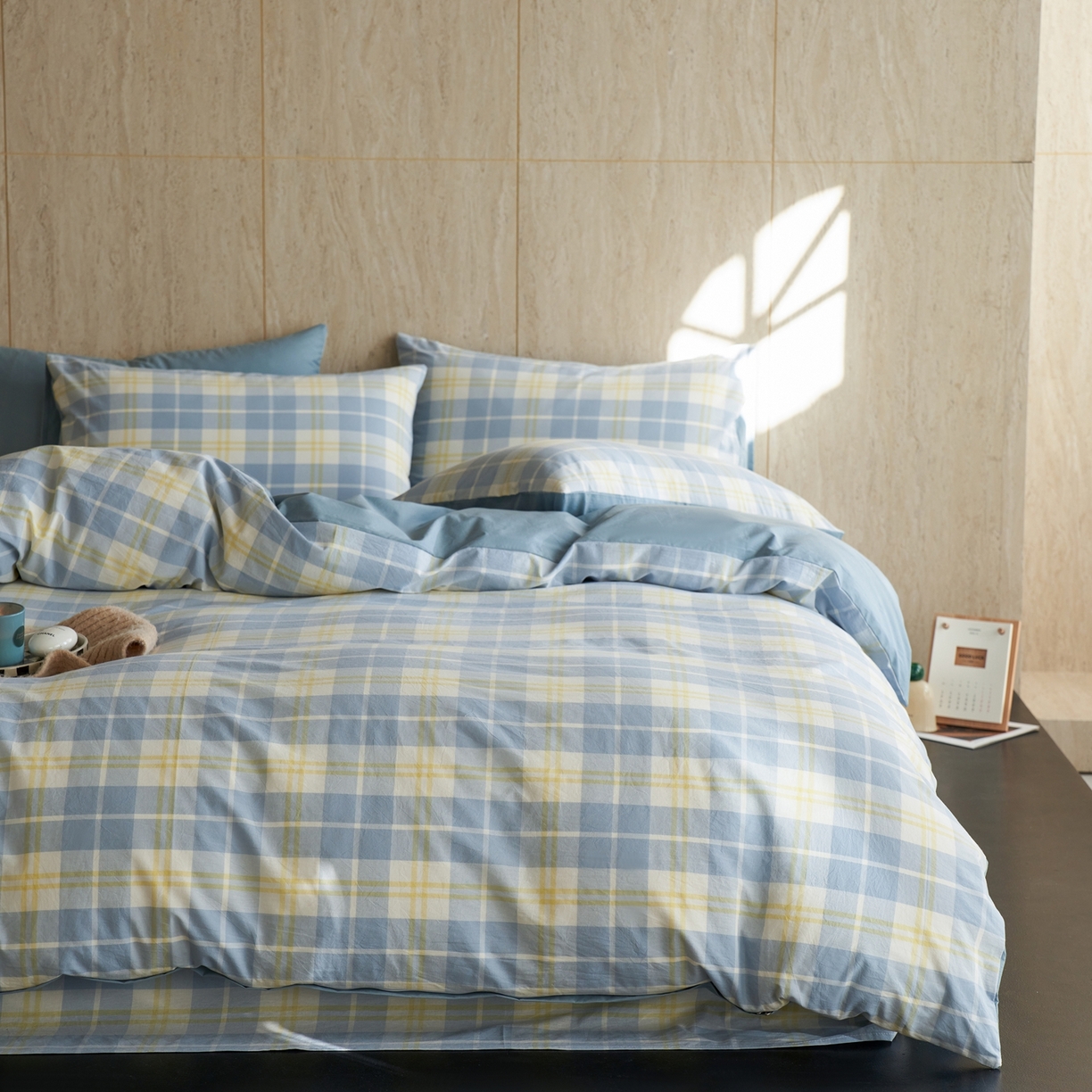 91家纺网 家纺一手货源 找家纺 启程家纺 2026春夏新款全棉纯棉色织水洗棉四件套 爱格-蓝