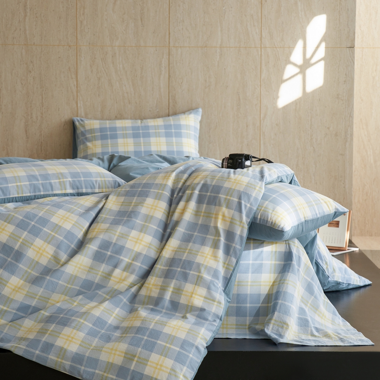 91家纺网 家纺一手货源 找家纺 启程家纺 2026春夏新款全棉纯棉色织水洗棉四件套 爱格-蓝