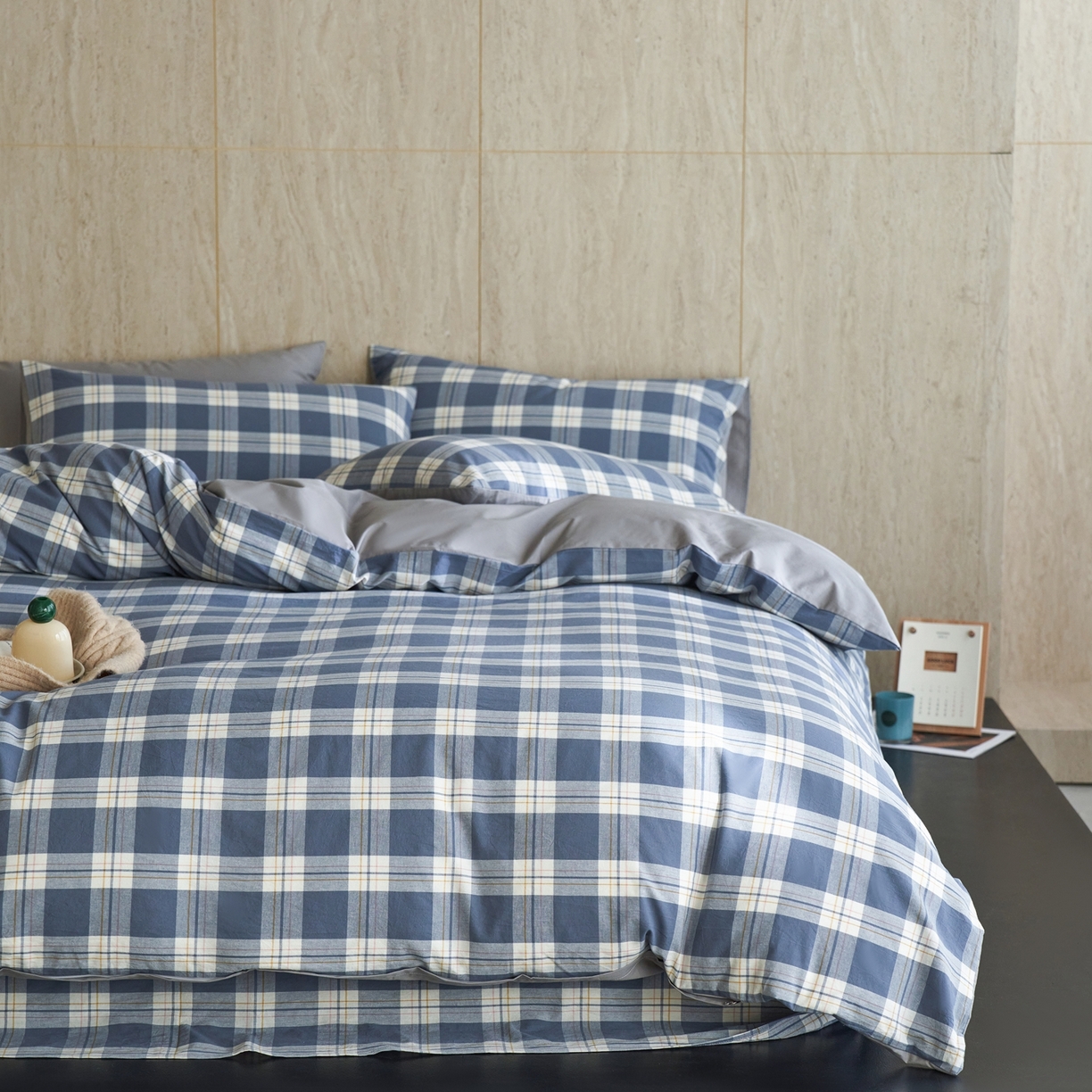 91家纺网 家纺一手货源 找家纺 启程家纺 2026春夏新款全棉纯棉色织水洗棉四件套 缤纷格-灰