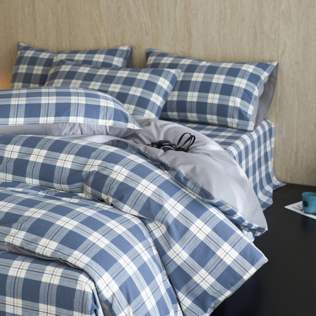 91家纺网 家纺一手货源 找家纺 启程家纺 2026春夏新款全棉纯棉色织水洗棉四件套 缤纷格-灰