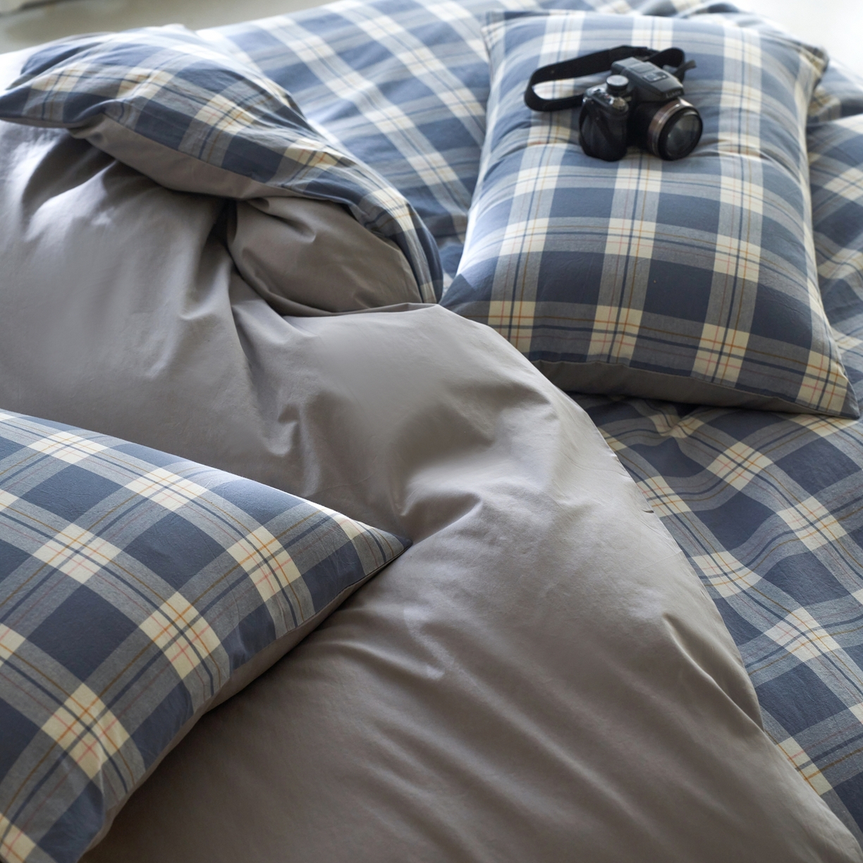 91家纺网 家纺一手货源 找家纺 启程家纺 2026春夏新款全棉纯棉色织水洗棉四件套 缤纷格-灰