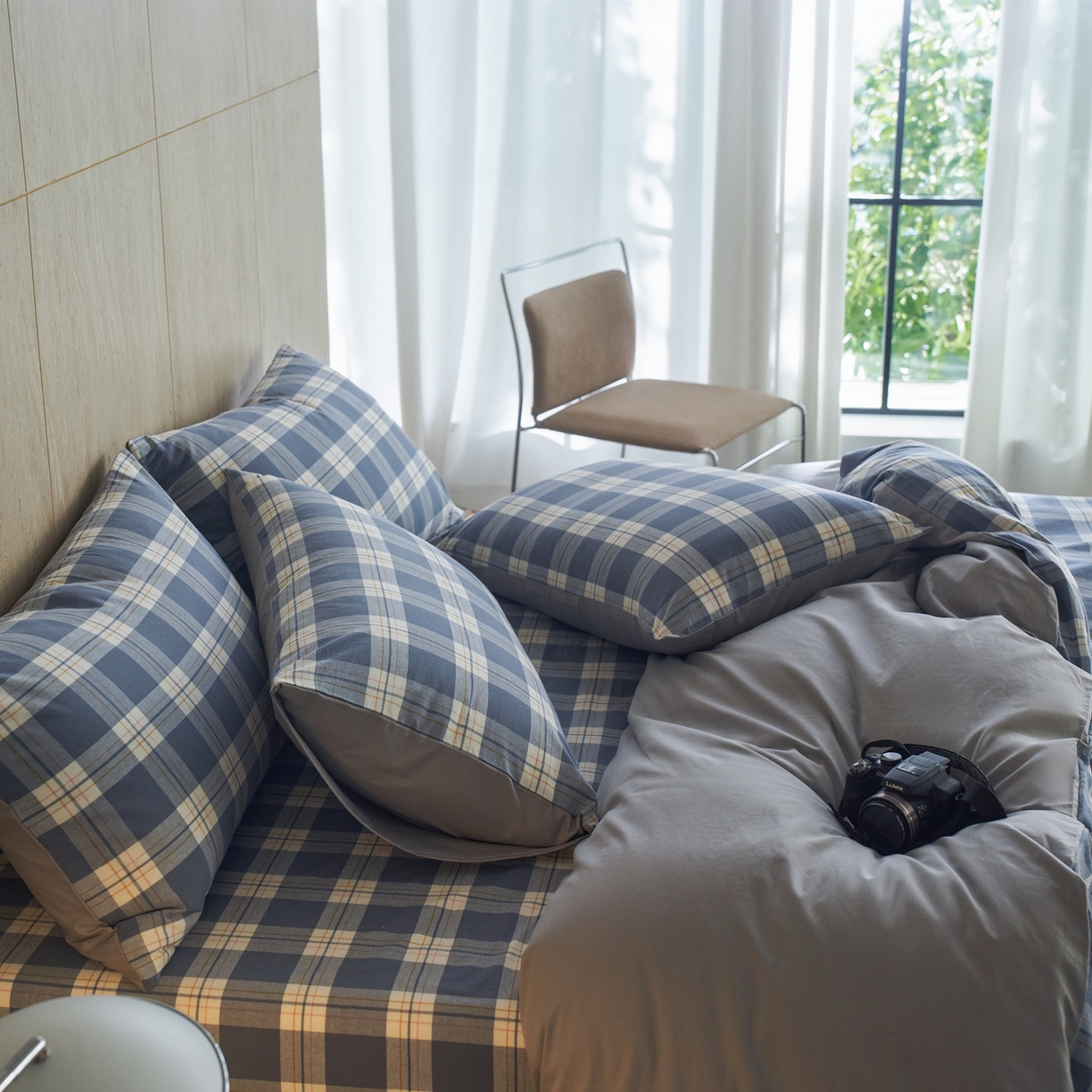 91家纺网 家纺一手货源 找家纺 启程家纺 2026春夏新款全棉纯棉色织水洗棉四件套 缤纷格-灰