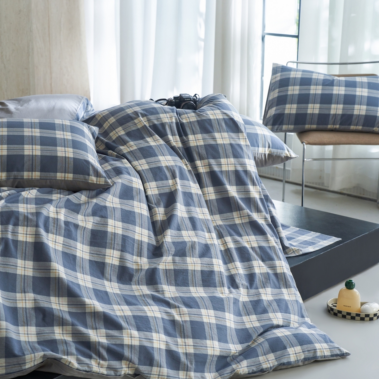 91家纺网 家纺一手货源 找家纺 启程家纺 2026春夏新款全棉纯棉色织水洗棉四件套 缤纷格-灰