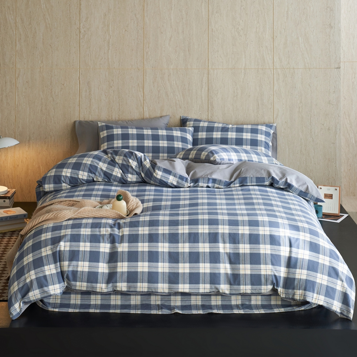 91家纺网 家纺一手货源 找家纺 启程家纺 2026春夏新款全棉纯棉色织水洗棉四件套 缤纷格-灰