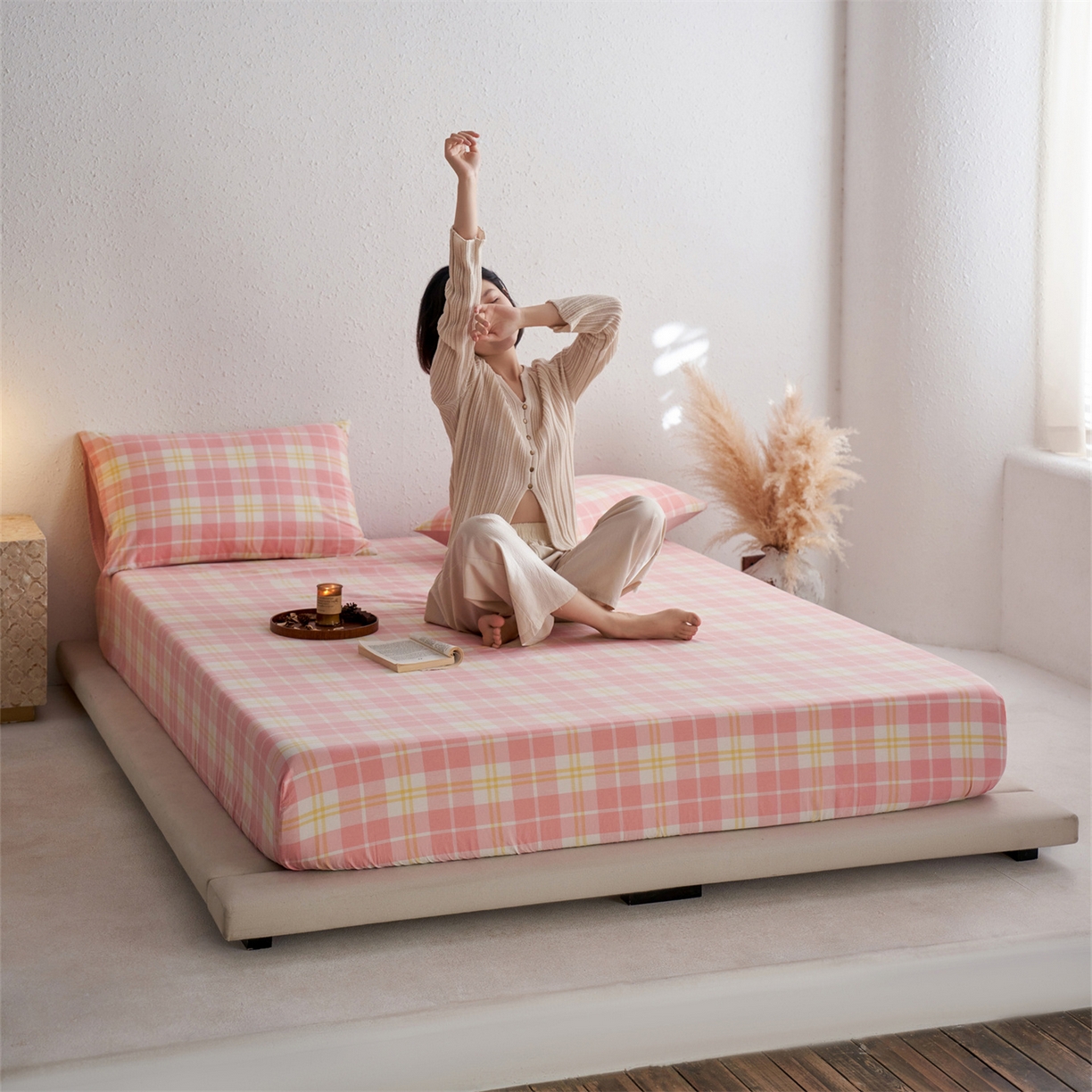 91家纺网 家纺一手货源 找家纺 启程家纺 2026新款全棉纯棉色织水洗棉单床笠床笠单件单品床笠 爱格粉