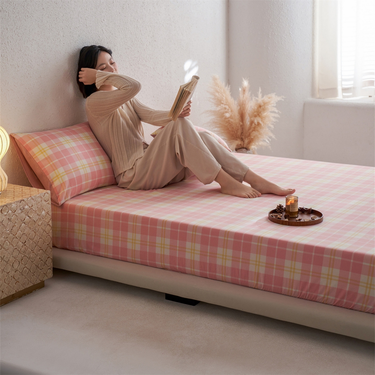 91家纺网 家纺一手货源 找家纺 启程家纺 2026新款全棉纯棉色织水洗棉单床笠床笠单件单品床笠 爱格粉