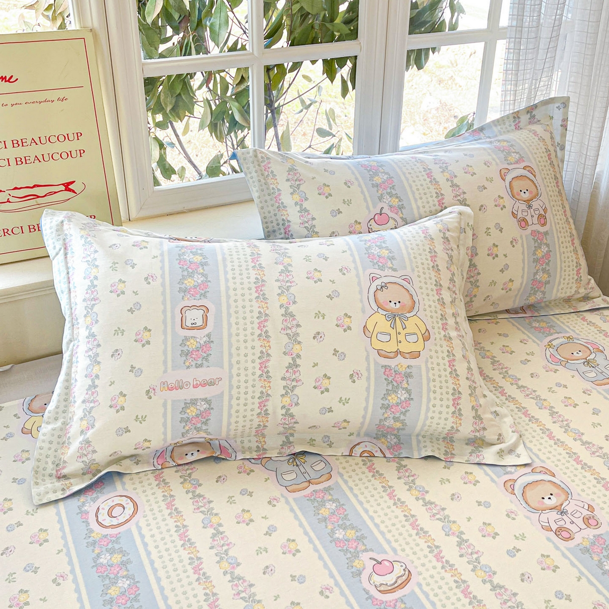 铭成家纺 2026新款全棉印花小清新单枕套（提供买家秀） 甜甜圈小熊