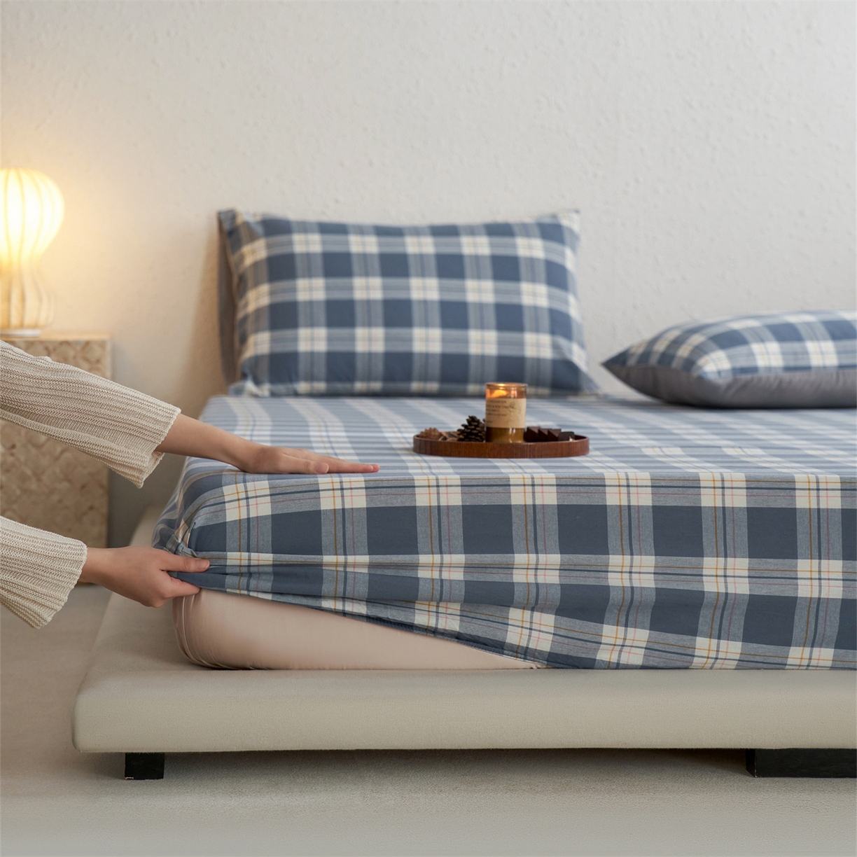 91家纺网 家纺一手货源 找家纺 启程家纺 2026新款全棉纯棉色织水洗棉单床笠床笠单件单品床笠 缤纷格-灰