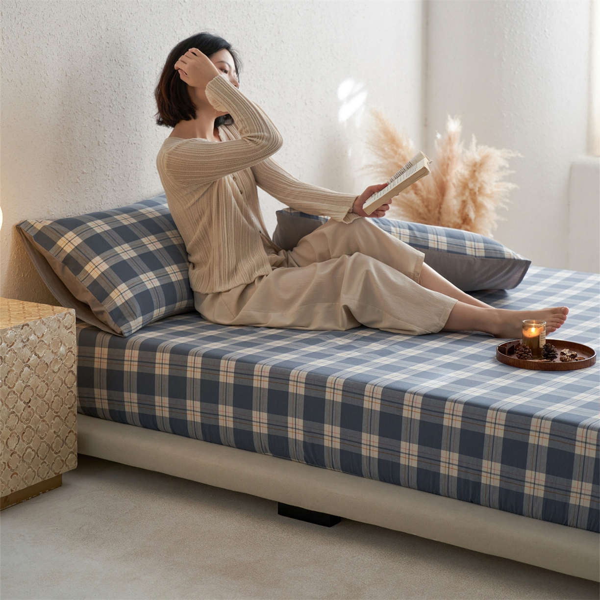 91家纺网 家纺一手货源 找家纺 启程家纺 2026新款全棉纯棉色织水洗棉单床笠床笠单件单品床笠 缤纷格-灰