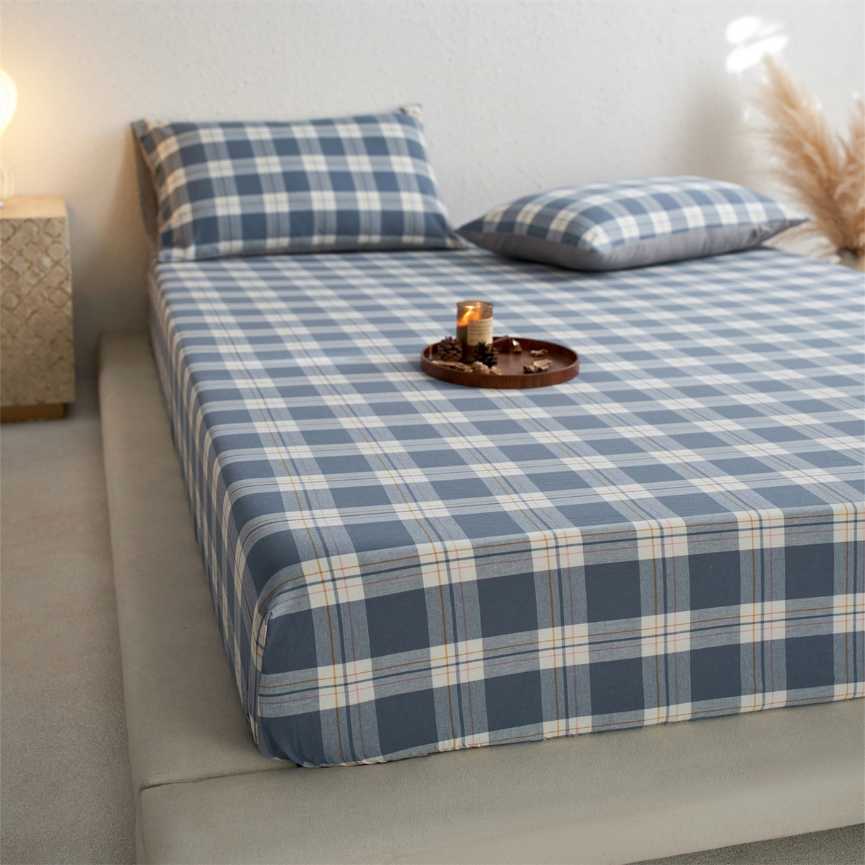 91家纺网 家纺一手货源 找家纺 启程家纺 2026新款全棉纯棉色织水洗棉单床笠床笠单件单品床笠 缤纷格-灰