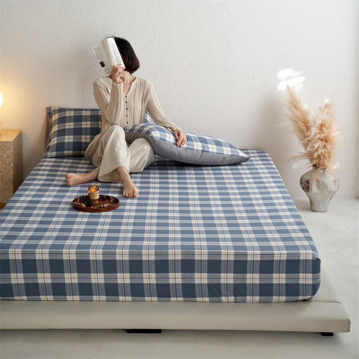 91家纺网 家纺一手货源 找家纺 启程家纺 2026新款全棉纯棉色织水洗棉单床笠床笠单件单品床笠 缤纷格-灰