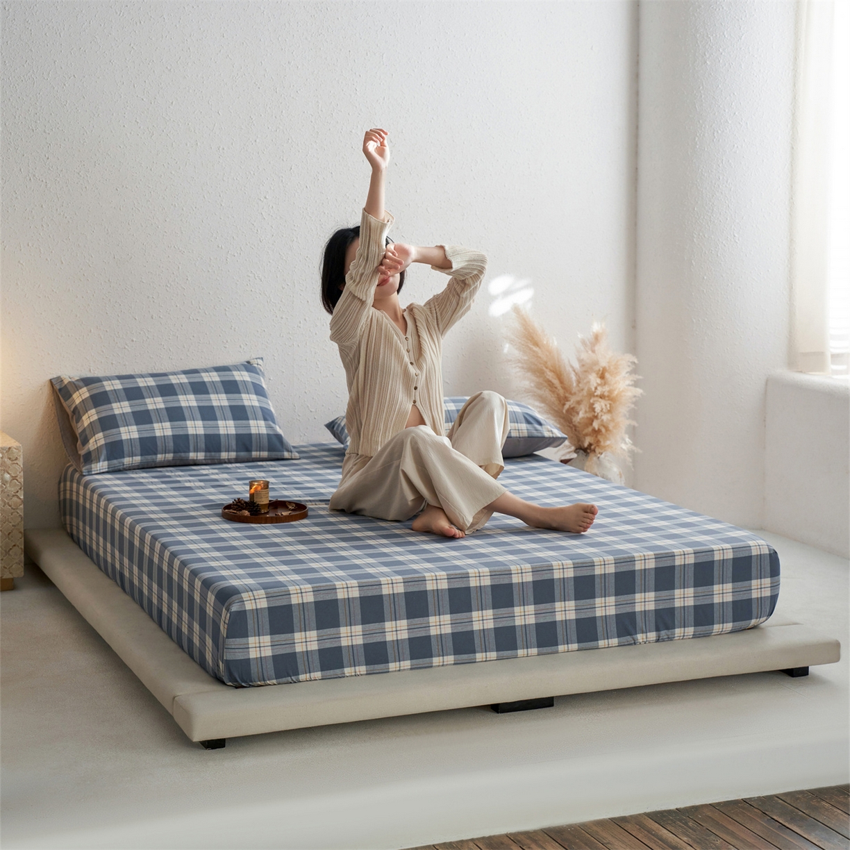 91家纺网 家纺一手货源 找家纺 启程家纺 2026新款全棉纯棉色织水洗棉单床笠床笠单件单品床笠 缤纷格-灰