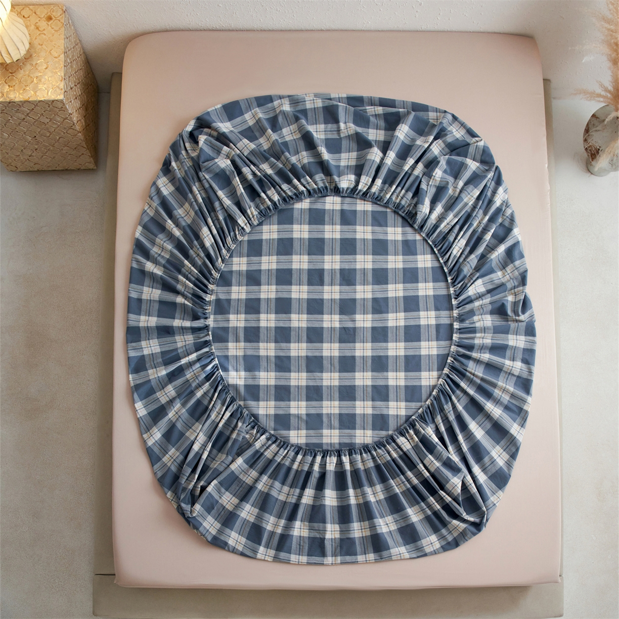 91家纺网 家纺一手货源 找家纺 启程家纺 2026新款全棉纯棉色织水洗棉单床笠床笠单件单品床笠 缤纷格-灰