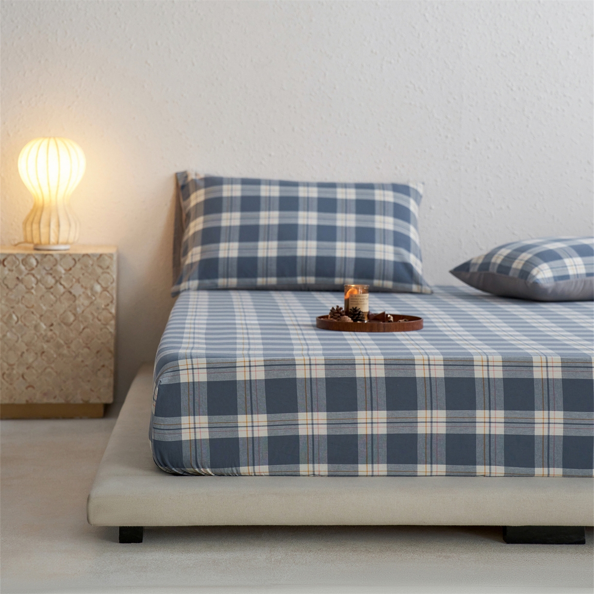 91家纺网 家纺一手货源 找家纺 启程家纺 2026新款全棉纯棉色织水洗棉单床笠床笠单件单品床笠 缤纷格-灰