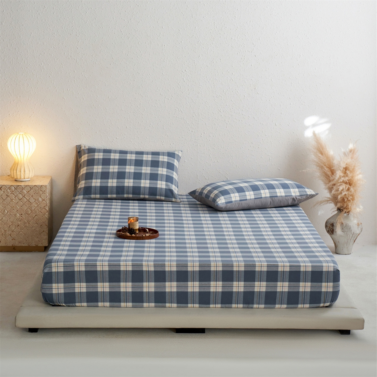 91家纺网 家纺一手货源 找家纺 启程家纺 2026新款全棉纯棉色织水洗棉单床笠床笠单件单品床笠 缤纷格-灰