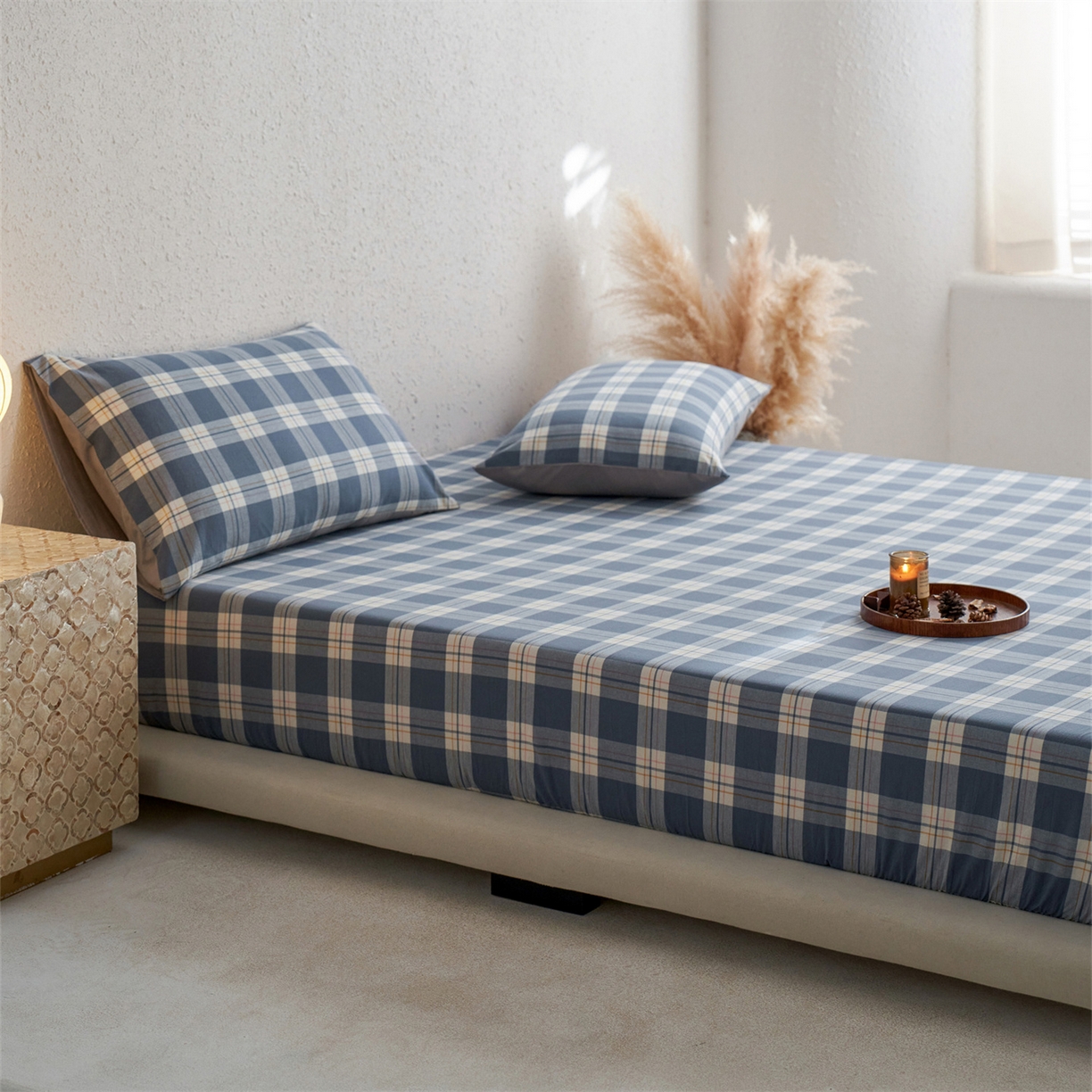 91家纺网 家纺一手货源 找家纺 启程家纺 2026新款全棉纯棉色织水洗棉单床笠床笠单件单品床笠 缤纷格-灰