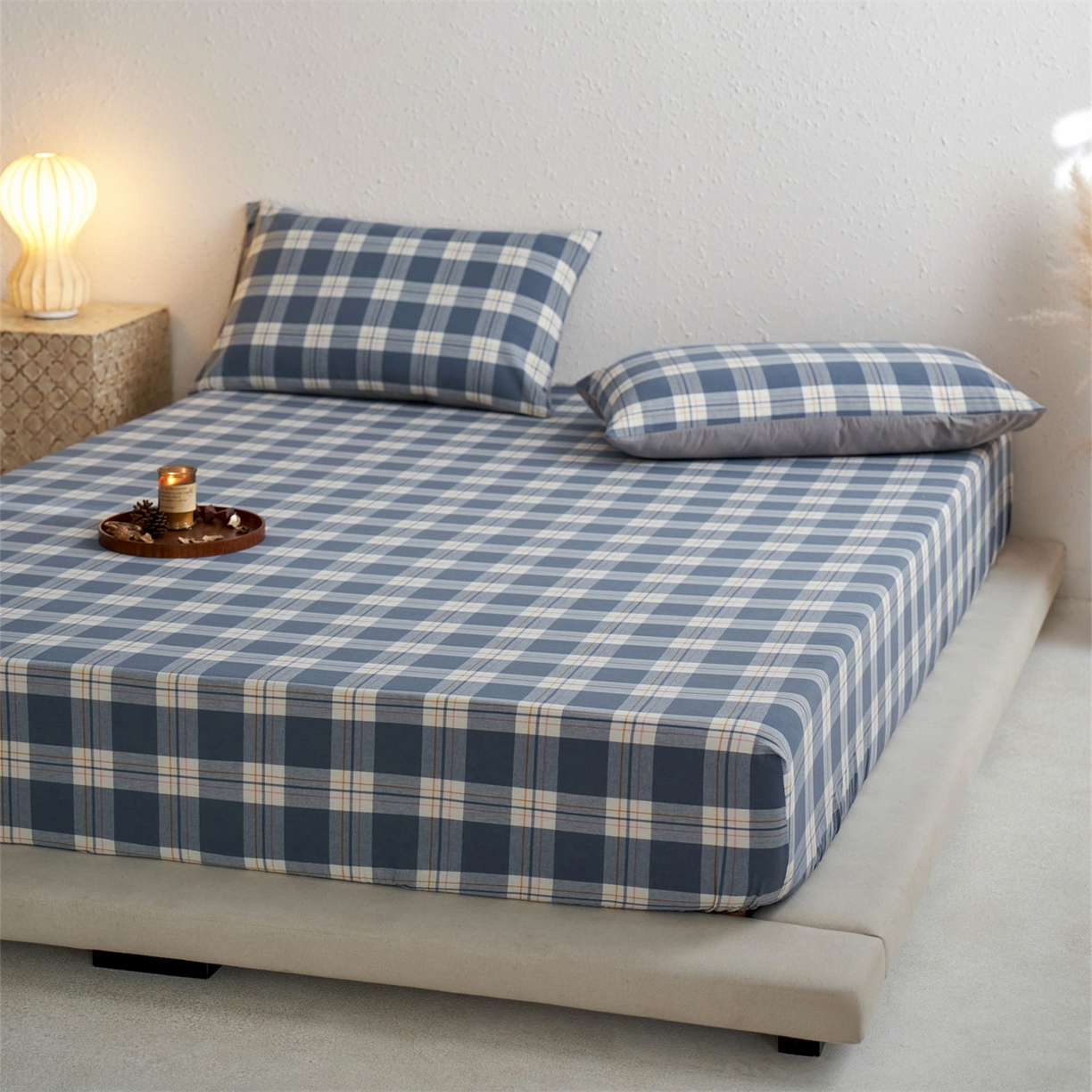 91家纺网 家纺一手货源 找家纺 启程家纺 2026新款全棉纯棉色织水洗棉单床笠床笠单件单品床笠 缤纷格-灰