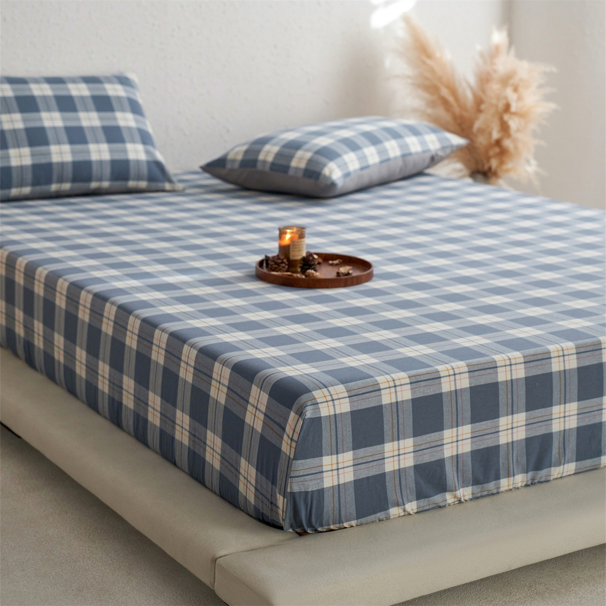 91家纺网 家纺一手货源 找家纺 启程家纺 2026新款全棉纯棉色织水洗棉单床笠床笠单件单品床笠 缤纷格-灰