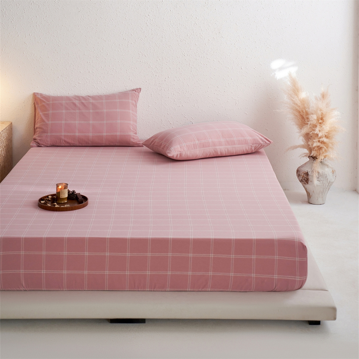 91家纺网 家纺一手货源 找家纺 启程家纺 2026新款全棉纯棉色织水洗棉单床笠床笠单件单品床笠 大布丁粉