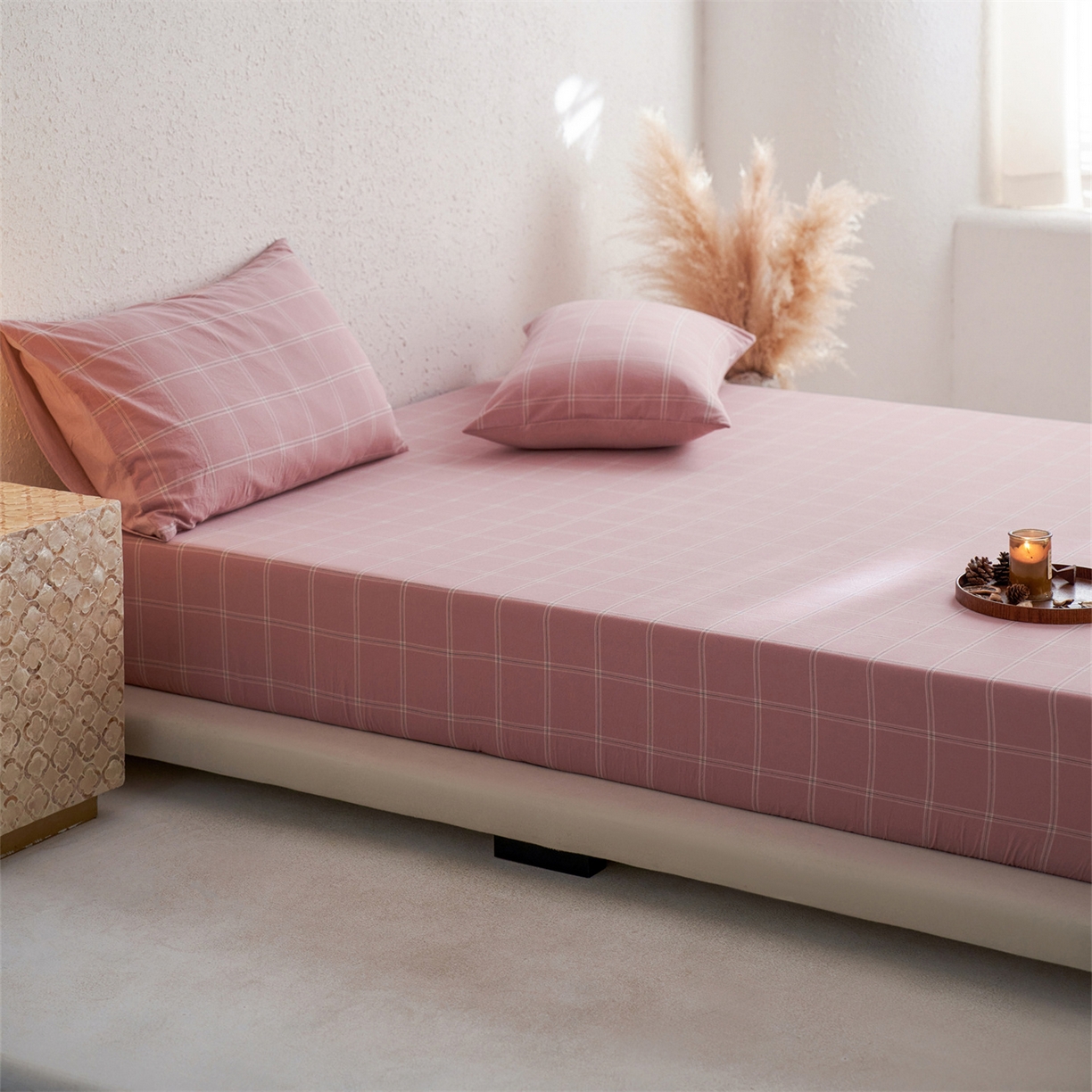 91家纺网 家纺一手货源 找家纺 启程家纺 2026新款全棉纯棉色织水洗棉单床笠床笠单件单品床笠 大布丁粉