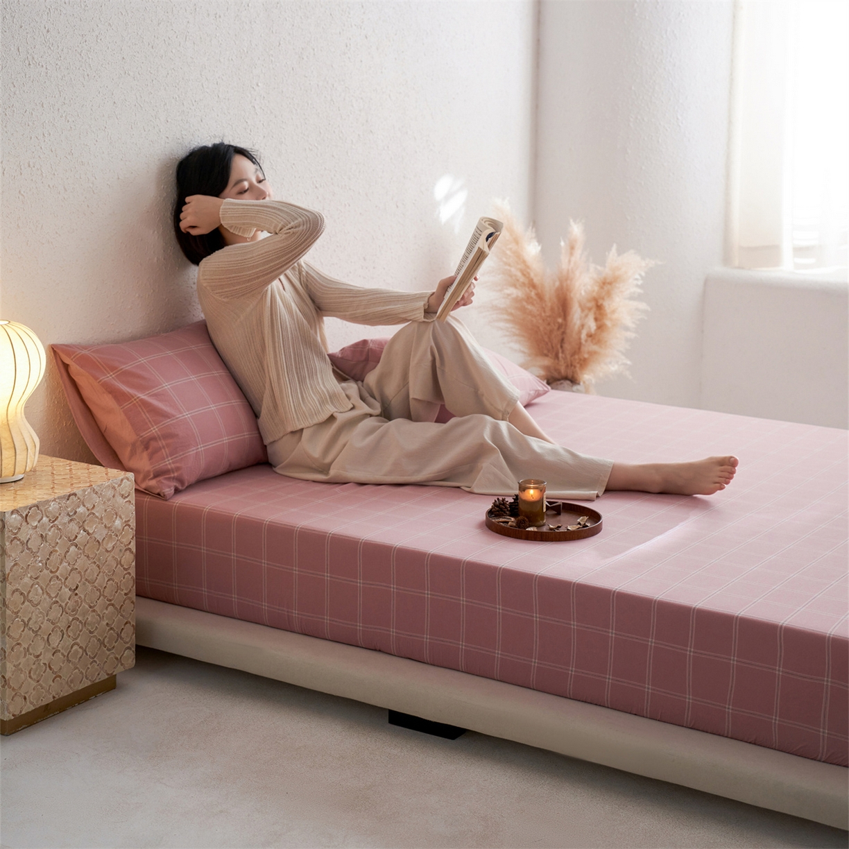 91家纺网 家纺一手货源 找家纺 启程家纺 2026新款全棉纯棉色织水洗棉单床笠床笠单件单品床笠 大布丁粉