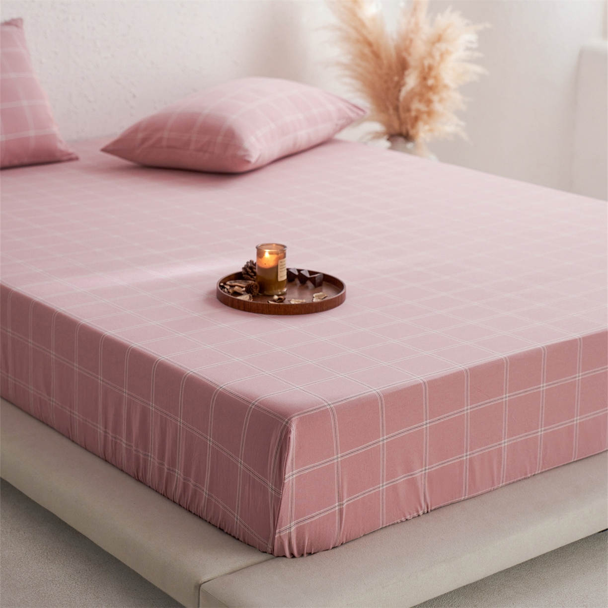 91家纺网 家纺一手货源 找家纺 启程家纺 2026新款全棉纯棉色织水洗棉单床笠床笠单件单品床笠 大布丁粉