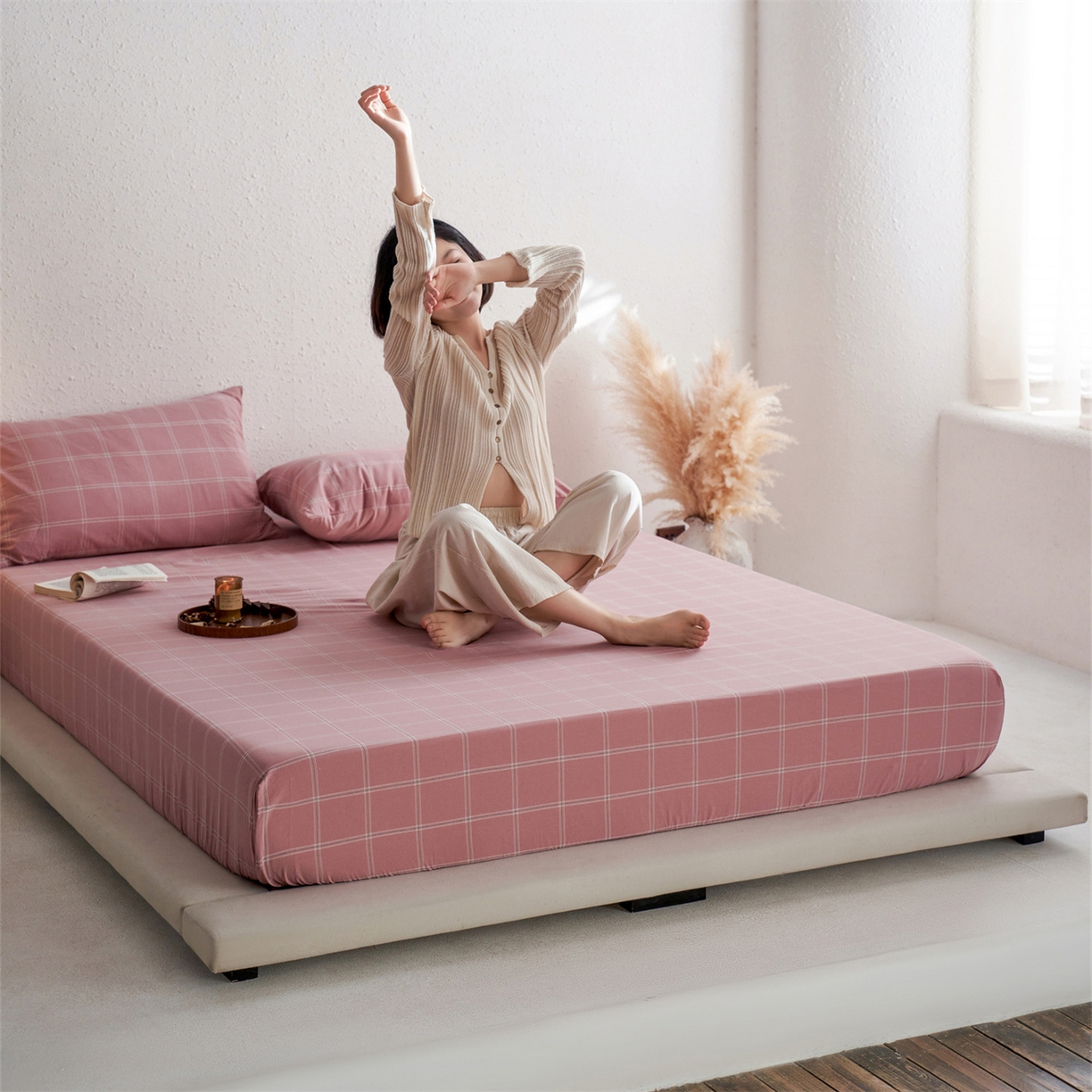 91家纺网 家纺一手货源 找家纺 启程家纺 2026新款全棉纯棉色织水洗棉单床笠床笠单件单品床笠 大布丁粉