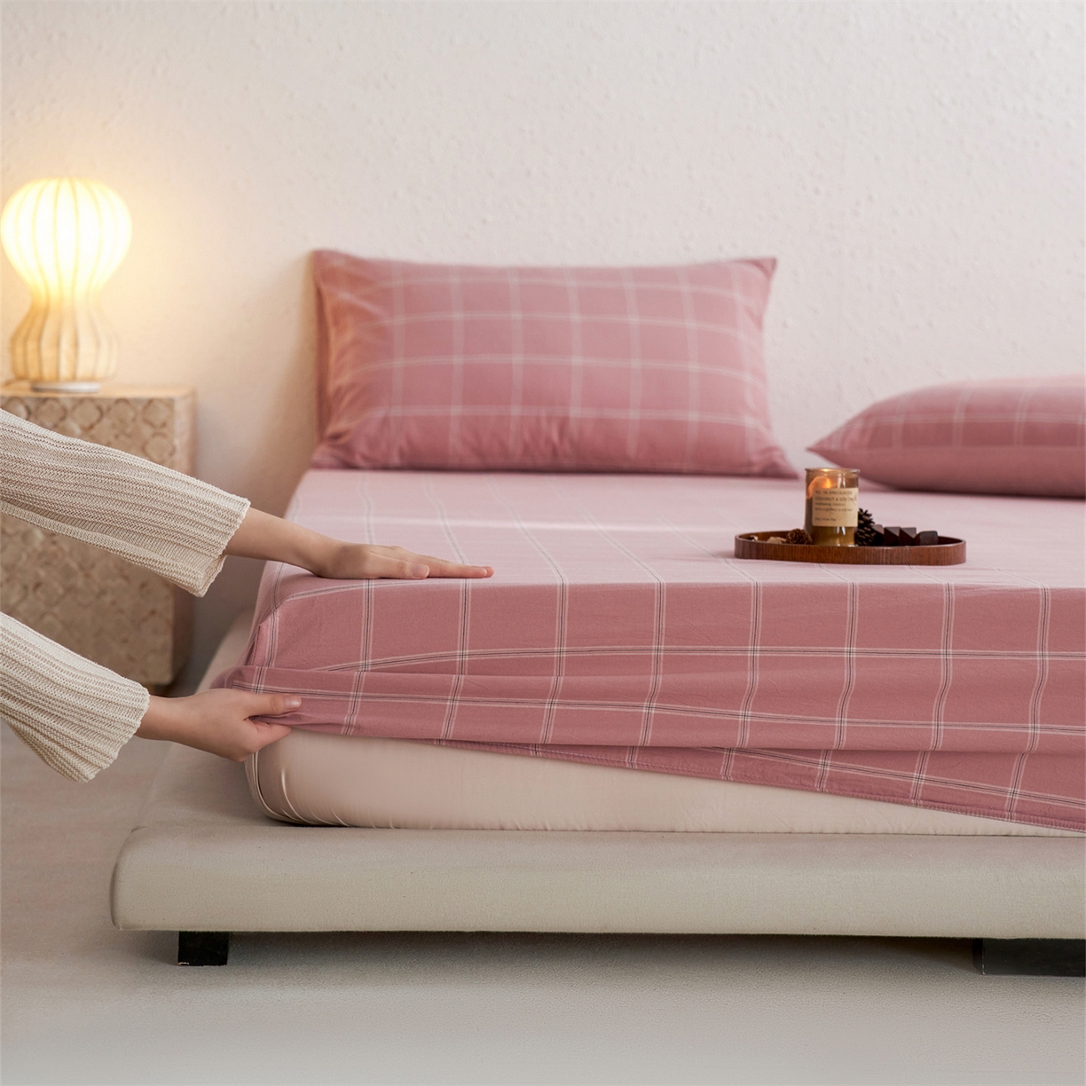 91家纺网 家纺一手货源 找家纺 启程家纺 2026新款全棉纯棉色织水洗棉单床笠床笠单件单品床笠 大布丁粉