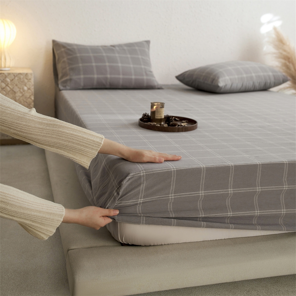 启程家纺 2026新款全棉纯棉色织水洗棉单床笠床笠单件单品床笠 大布丁灰