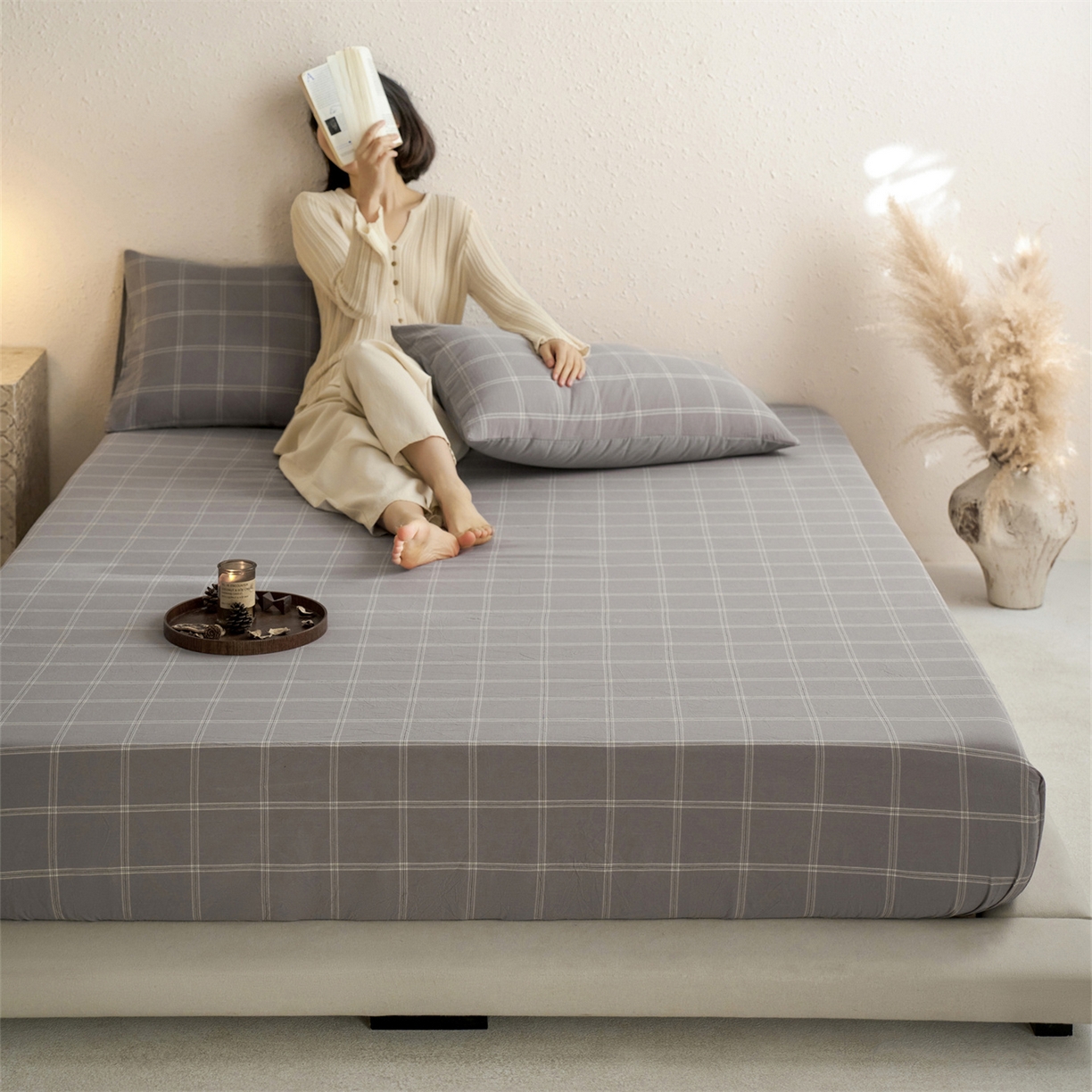 91家纺网 家纺一手货源 找家纺 启程家纺 2026新款全棉纯棉色织水洗棉单床笠床笠单件单品床笠 大布丁灰