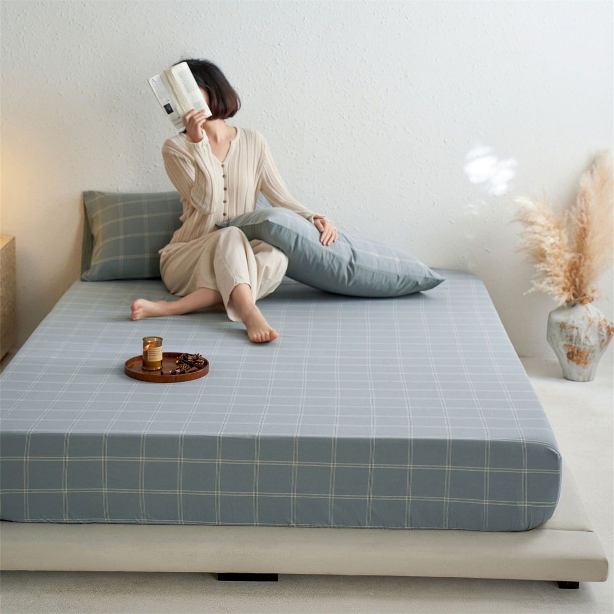 91家纺网 家纺一手货源 找家纺 启程家纺 2026新款全棉纯棉色织水洗棉单床笠床笠单件单品床笠 大布丁绿