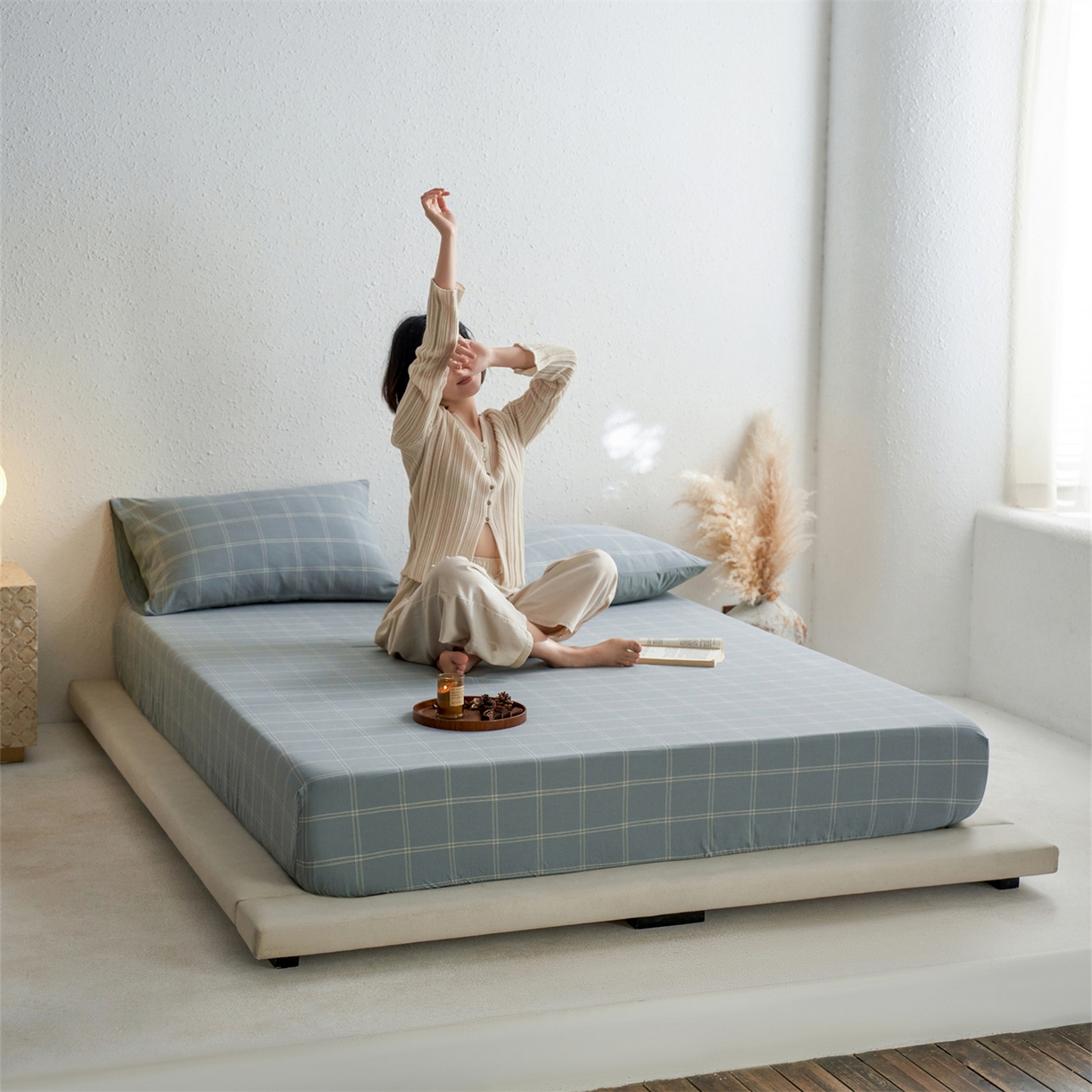 91家纺网 家纺一手货源 找家纺 启程家纺 2026新款全棉纯棉色织水洗棉单床笠床笠单件单品床笠 大布丁绿