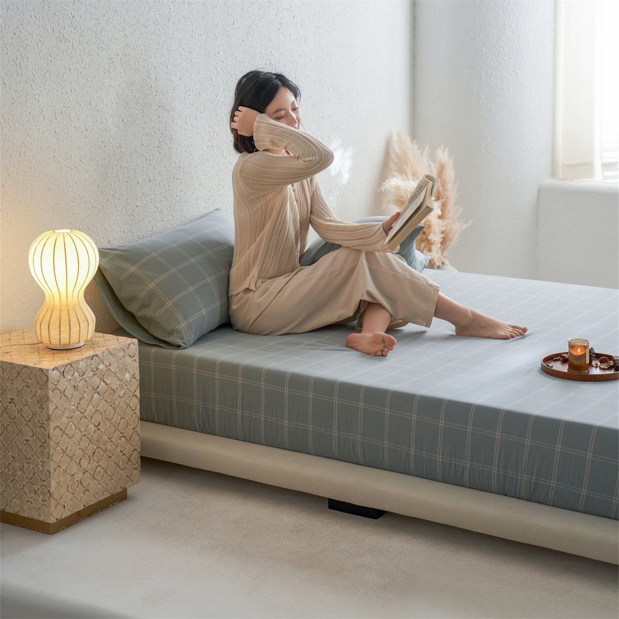 91家纺网 家纺一手货源 找家纺 启程家纺 2026新款全棉纯棉色织水洗棉单床笠床笠单件单品床笠 大布丁绿