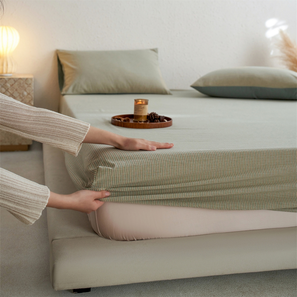 启程家纺 2026新款全棉纯棉色织水洗棉单床笠床笠单件单品床笠 麦田绿