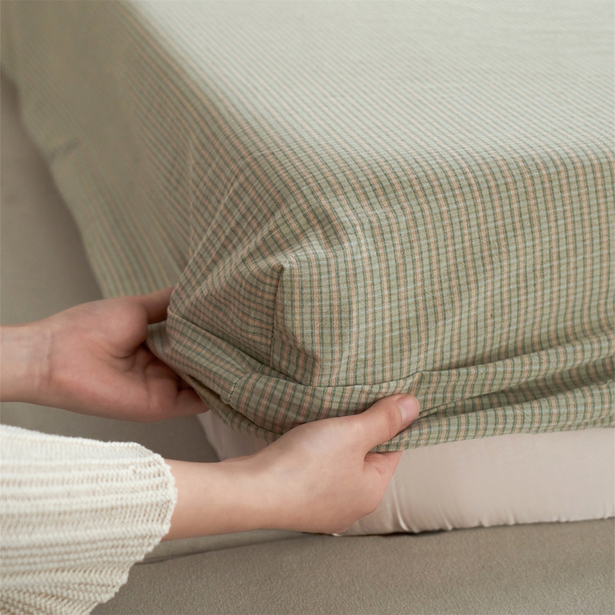 91家纺网 家纺一手货源 找家纺 启程家纺 2026新款全棉纯棉色织水洗棉单床笠床笠单件单品床笠 麦田绿