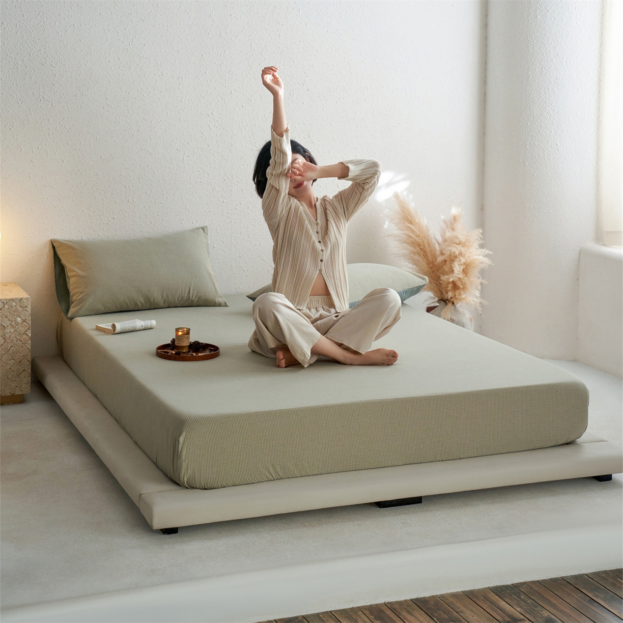 91家纺网 家纺一手货源 找家纺 启程家纺 2026新款全棉纯棉色织水洗棉单床笠床笠单件单品床笠 麦田绿