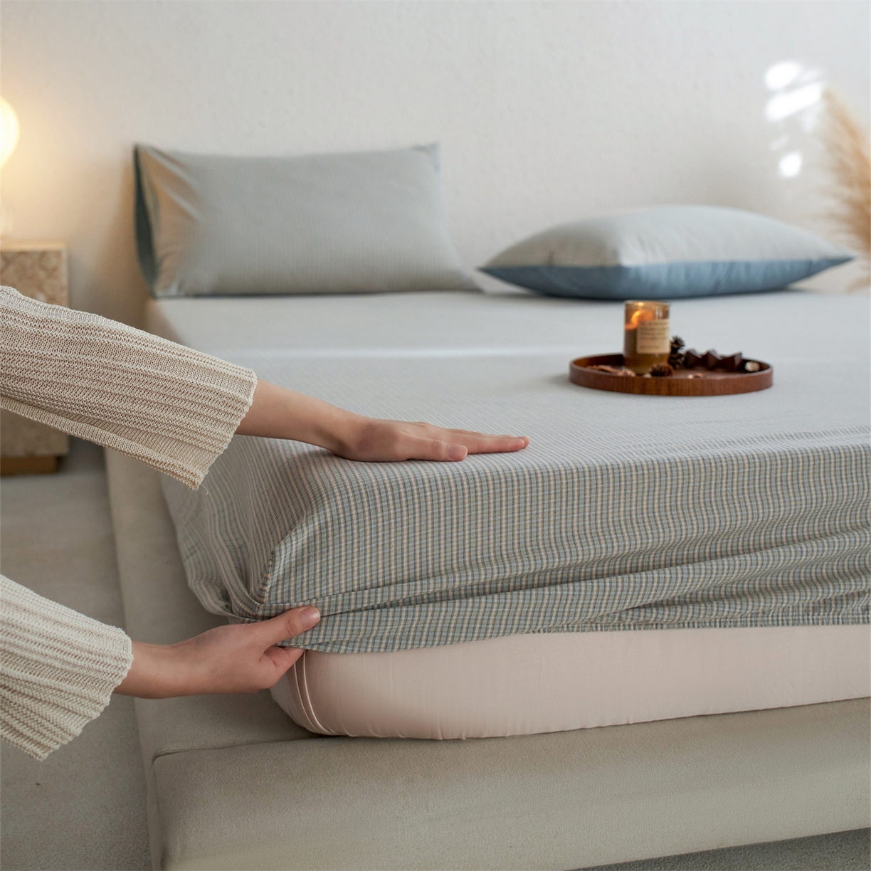 启程家纺 2026新款全棉纯棉色织水洗棉单床笠床笠单件单品床笠 麦田蓝