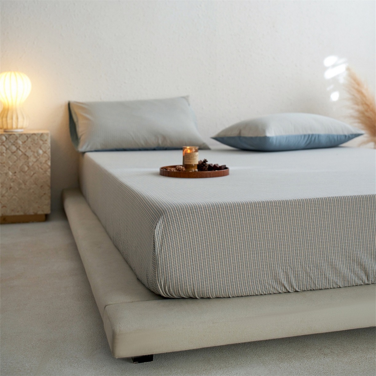 91家纺网 家纺一手货源 找家纺 启程家纺 2026新款全棉纯棉色织水洗棉单床笠床笠单件单品床笠 麦田蓝