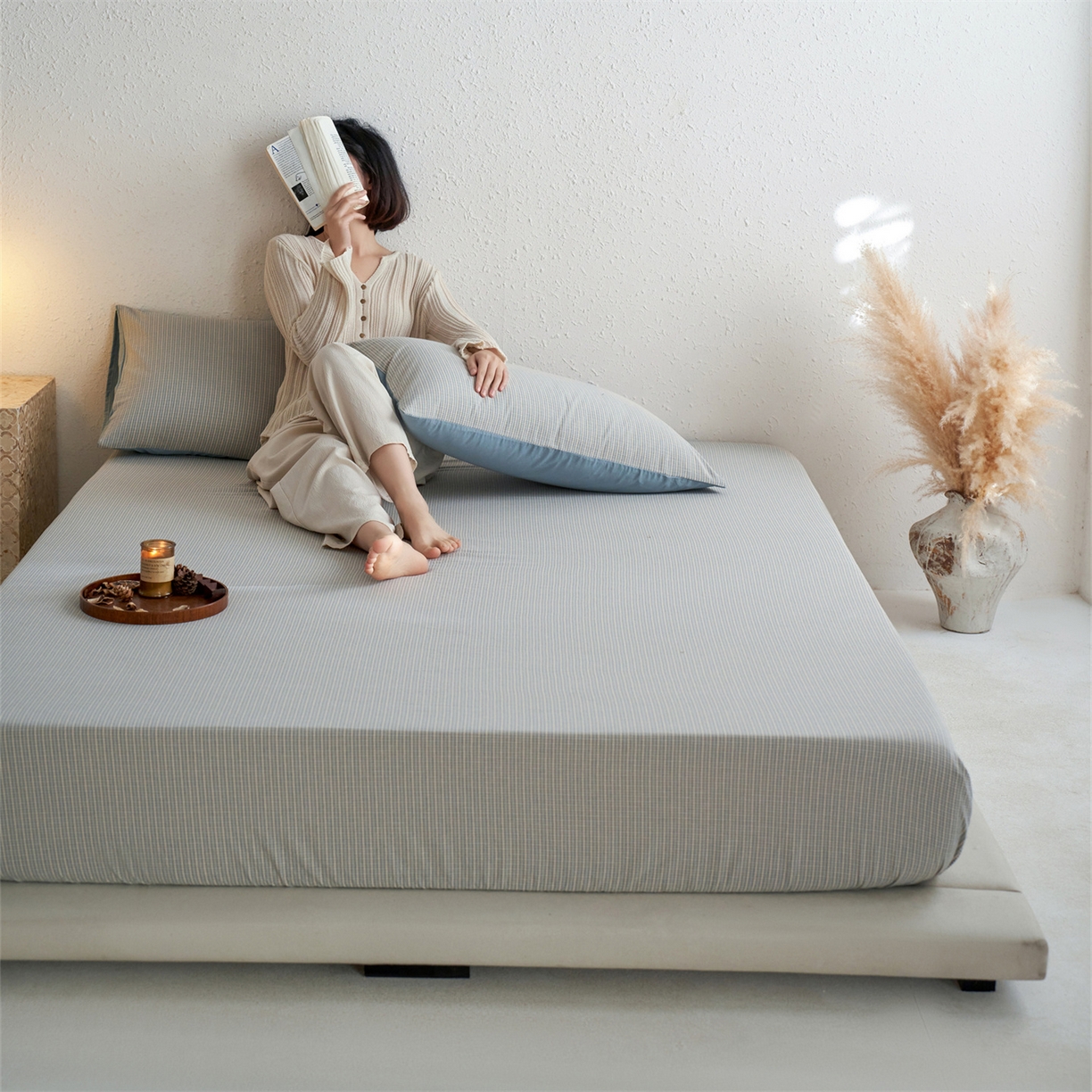 91家纺网 家纺一手货源 找家纺 启程家纺 2026新款全棉纯棉色织水洗棉单床笠床笠单件单品床笠 麦田蓝