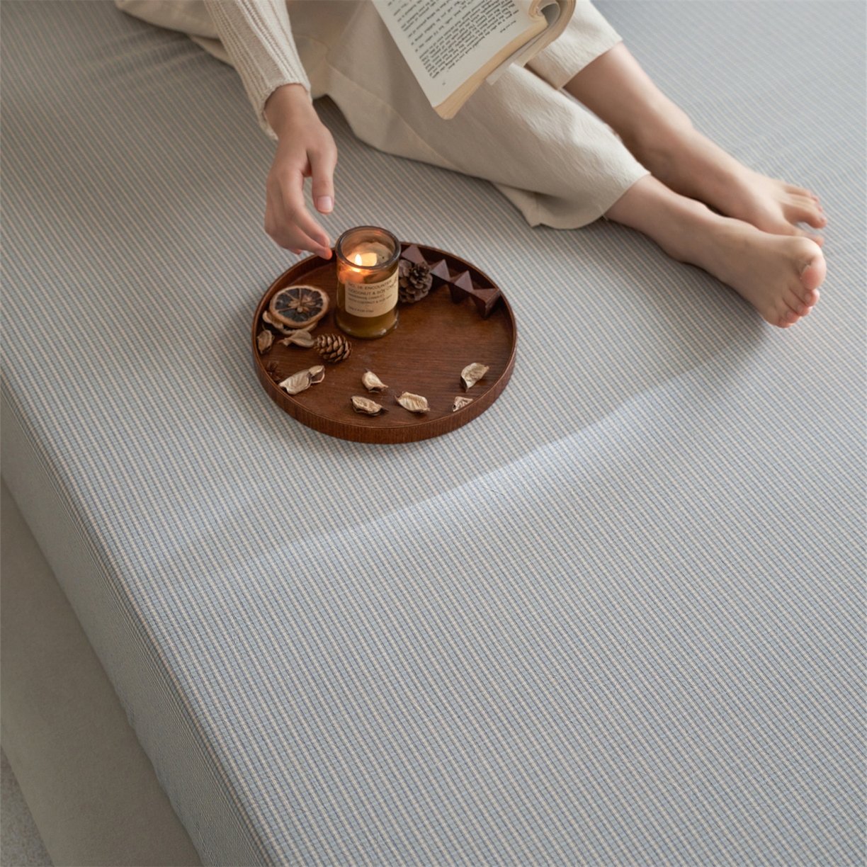 91家纺网 家纺一手货源 找家纺 启程家纺 2026新款全棉纯棉色织水洗棉单床笠床笠单件单品床笠 麦田蓝