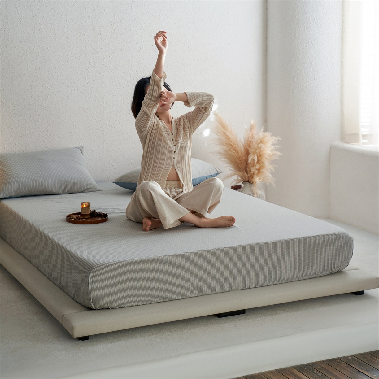 91家纺网 家纺一手货源 找家纺 启程家纺 2026新款全棉纯棉色织水洗棉单床笠床笠单件单品床笠 麦田蓝