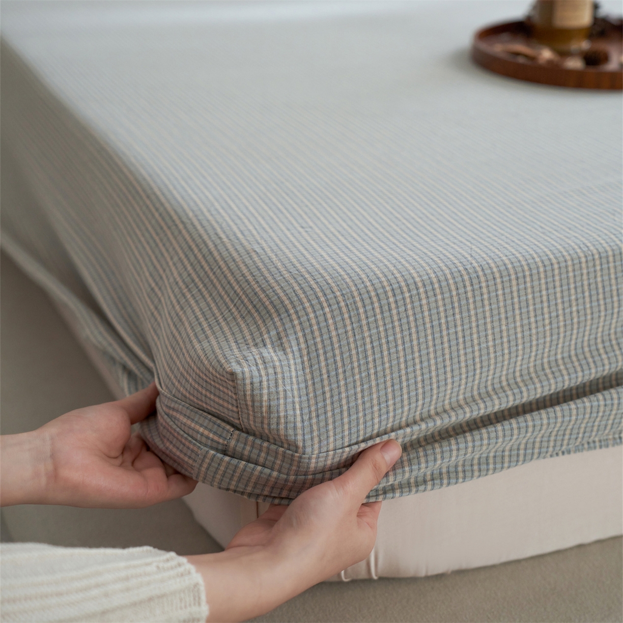 91家纺网 家纺一手货源 找家纺 启程家纺 2026新款全棉纯棉色织水洗棉单床笠床笠单件单品床笠 麦田蓝