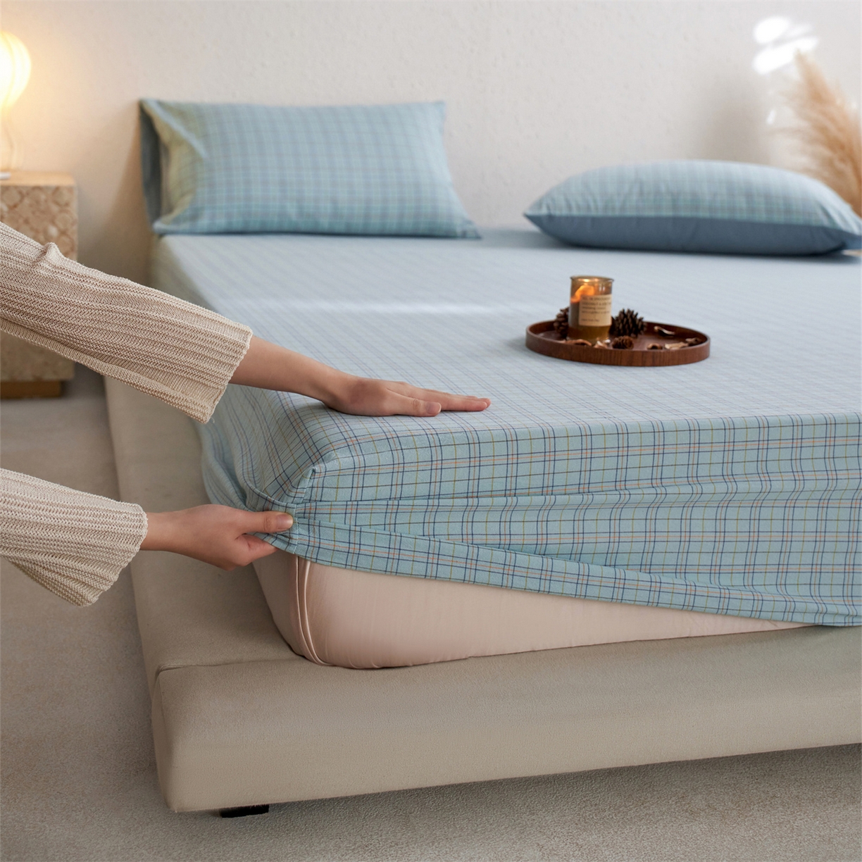 启程家纺 2026新款全棉纯棉色织水洗棉单床笠床笠单件单品床笠 秋田蓝